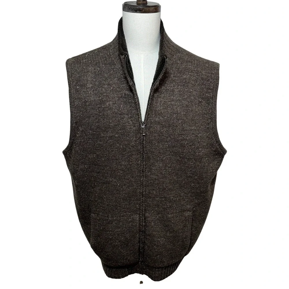 LL Bean Sweater Vest Mens XXL Brown Wool Linen Fleece Lined Full Zip Heavyweight